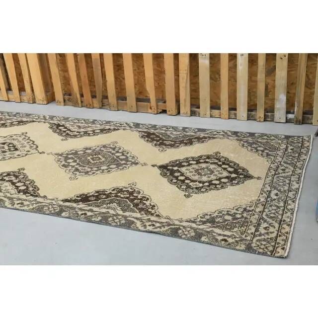 1970s Vintage Turkish Hand-Knotted Wool & Cotton Beige Rug 136x388