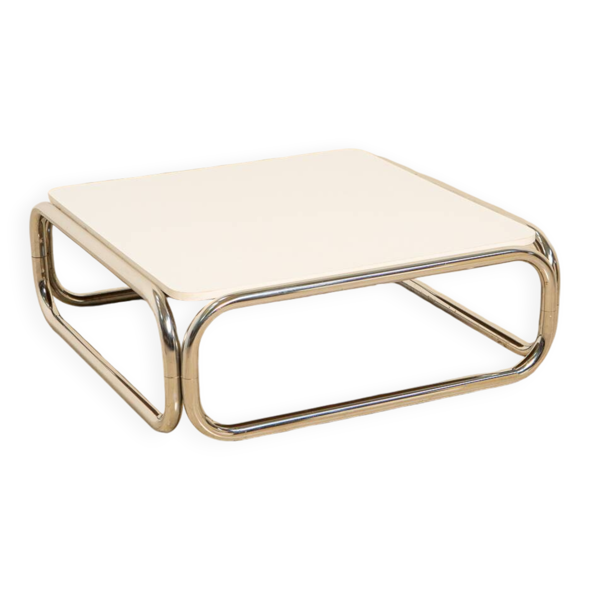 "Space Age" square coffee table in metal and white top 70's