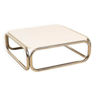 "Space Age" square coffee table in metal and white top 70's