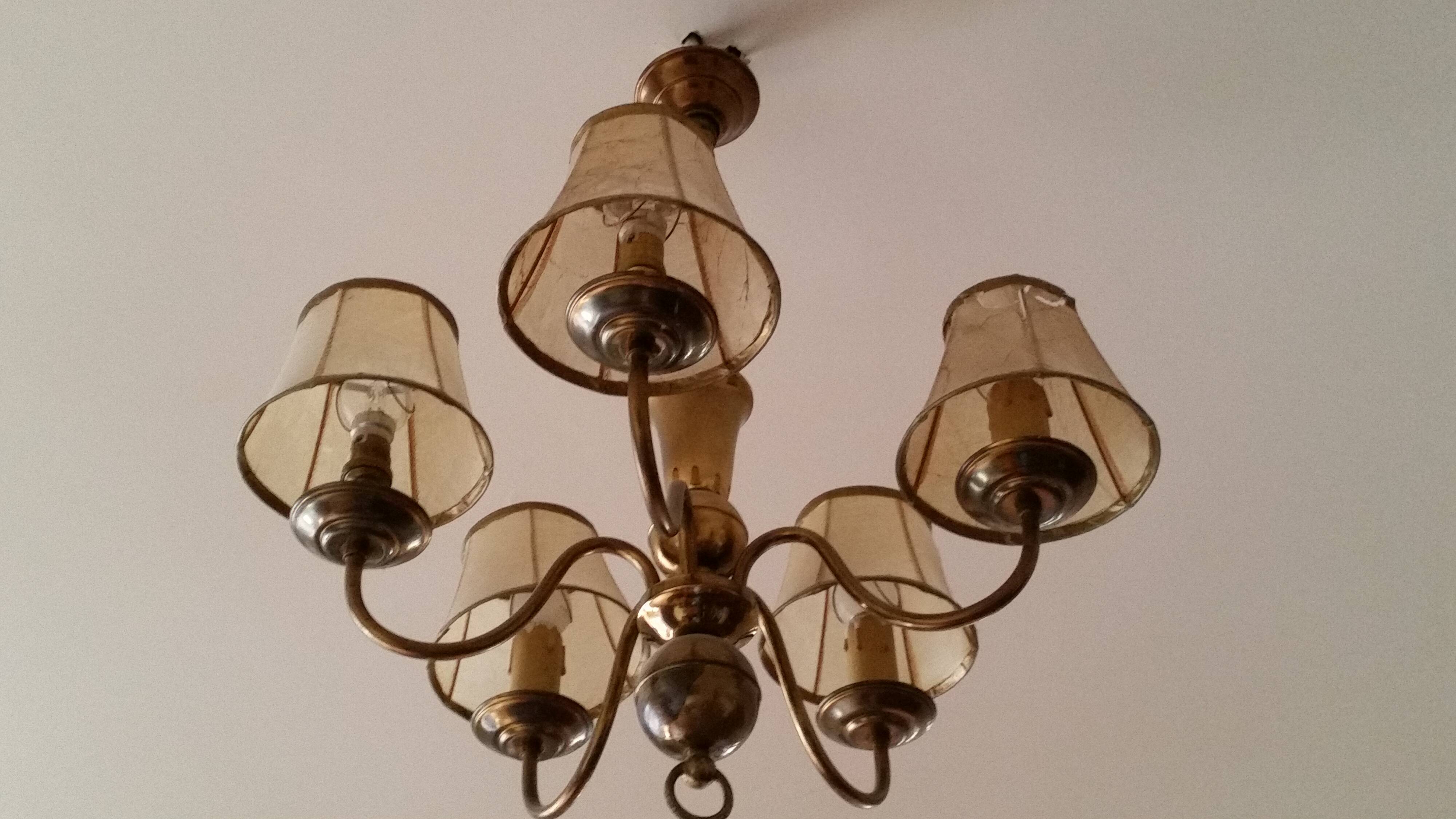 Lustre en laiton à 5 branches style hollandais, et abats-jour | Selency