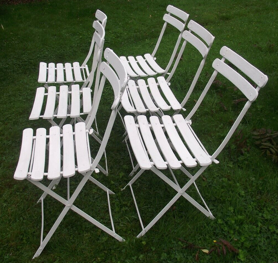 Series of 6 folding garden chairs in iron and old wooden slats