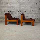 Pair of armchairs in pine and velvet