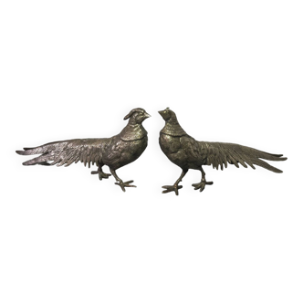 Pair of vintage silver pheasants for zoomorphic decoration or fireplace ornament