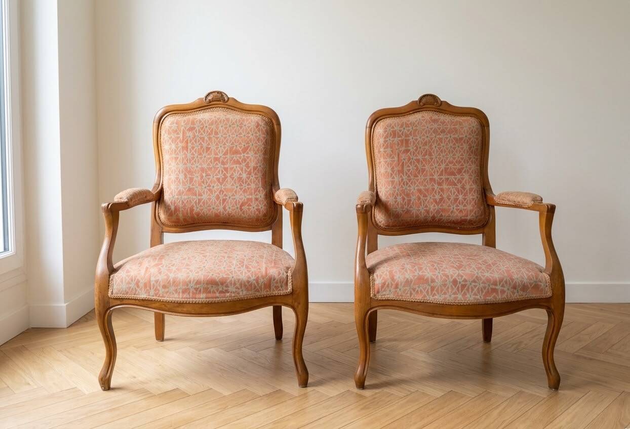 Pair of cabriolet armchairs in Louis XV style in light walnut.