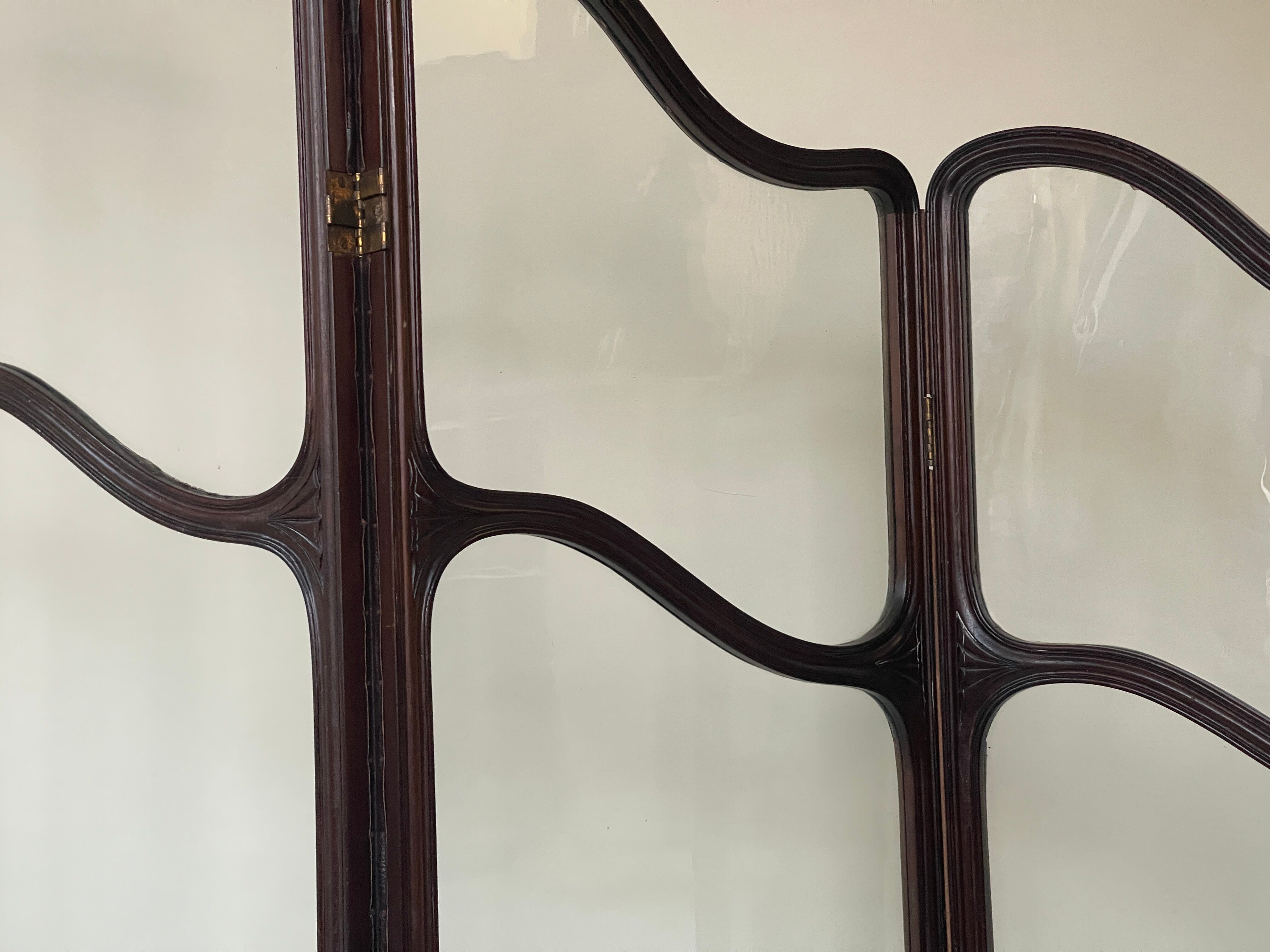Art nouveau mahogany and glass concertina screen