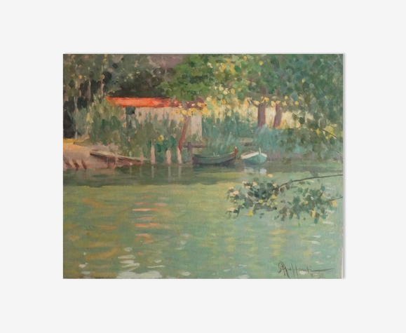 Tableau Attilio Guffanti bords d'étang huile sur carton