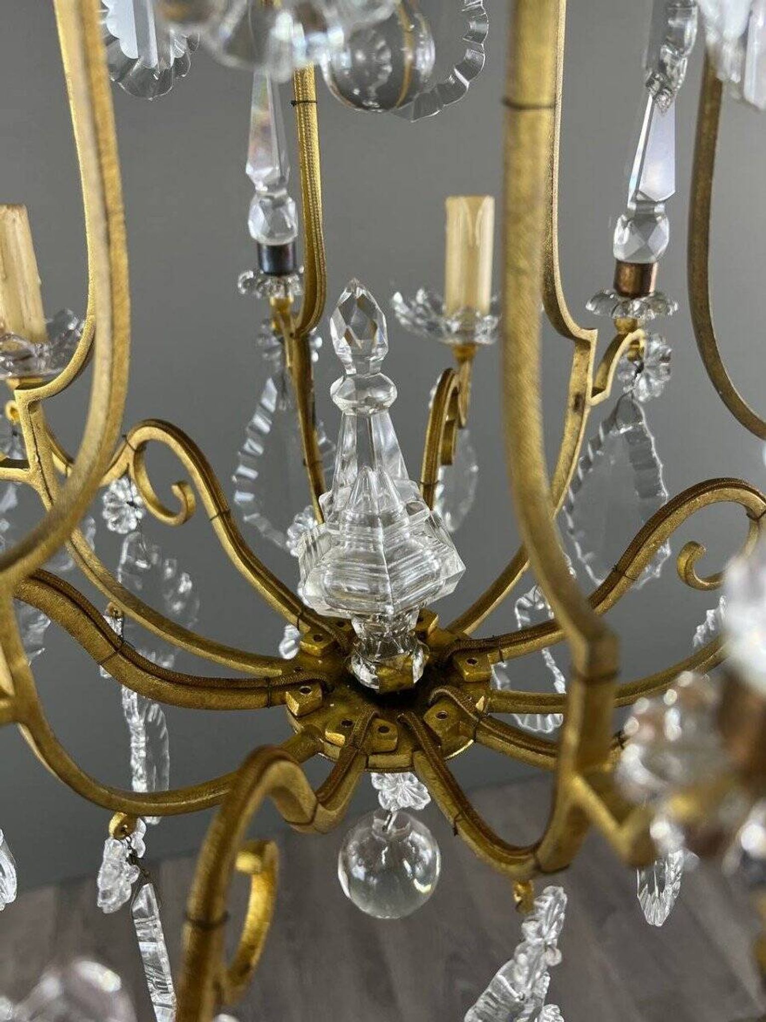 Lustre En Laiton Et Cristal, XXe Siècle