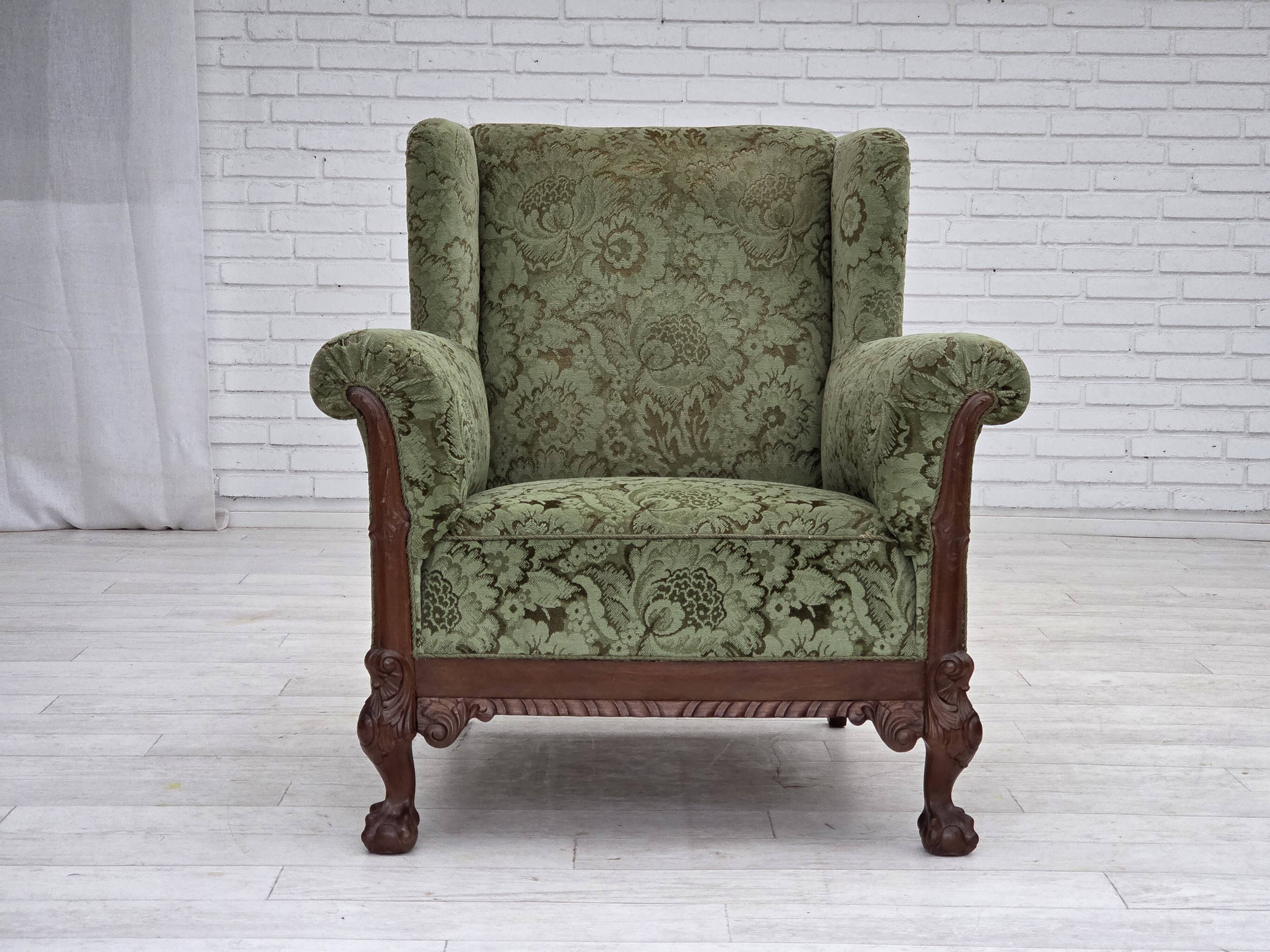 1950s, Danish relax armchair, green furniture velour, carved oak wood.
