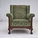 1950s, Danish relax armchair, green furniture velour, carved oak wood.