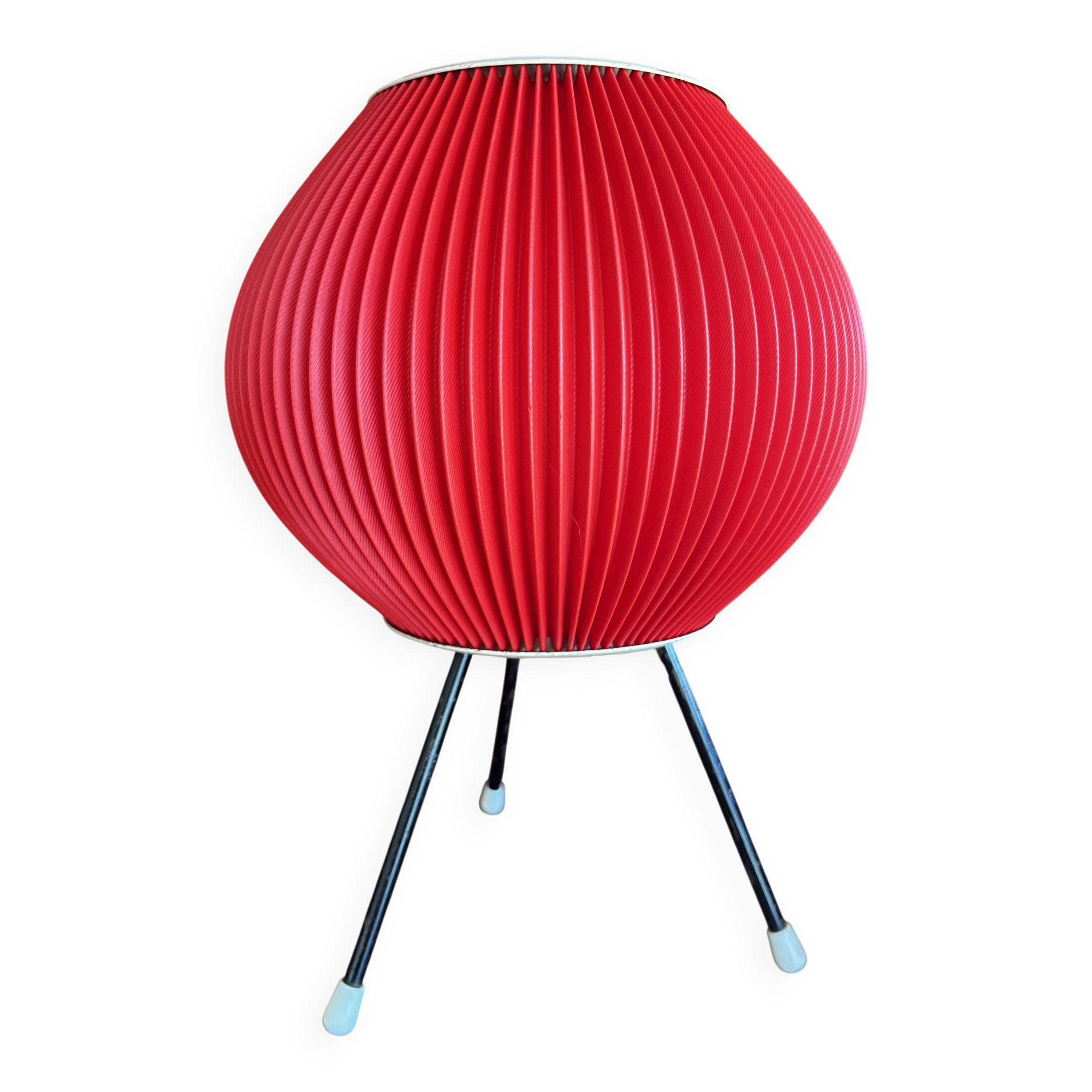 Tripod lamp, pleated red rhodoid, 1950s, 60s design