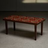 Table d'appoint basse en placage de bois avec plateau en céramique à fleurs colorées, années 1970