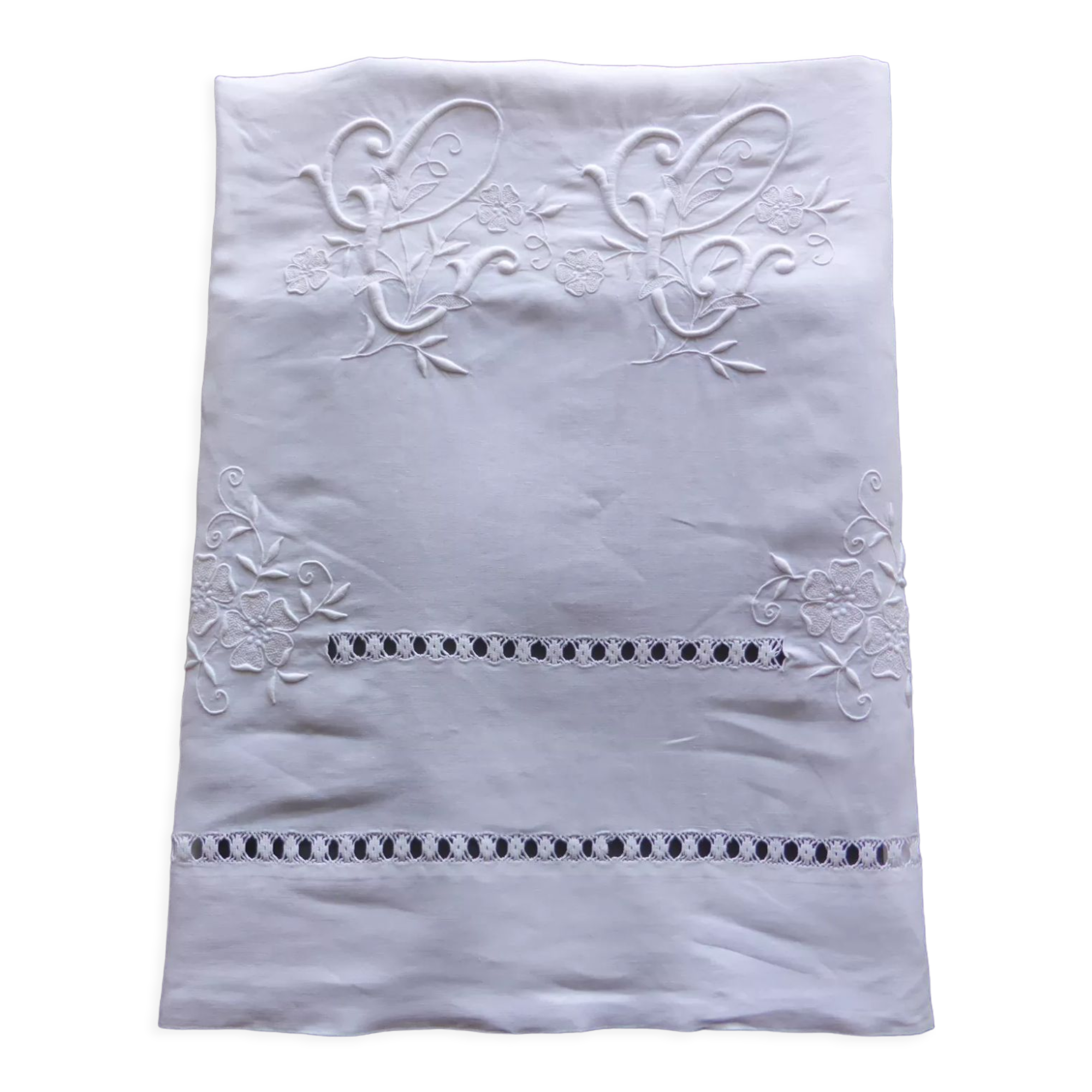 Antique sheet in white linen thread embroidered with the monogram CG+flowers+days with return-234x360cm