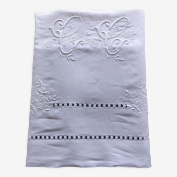 Antique sheet in white linen thread embroidered with the monogram CG+flowers+days with return-234x360cm