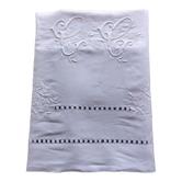 Antique sheet in white linen thread embroidered with the monogram CG+flowers+days with return-234x360cm