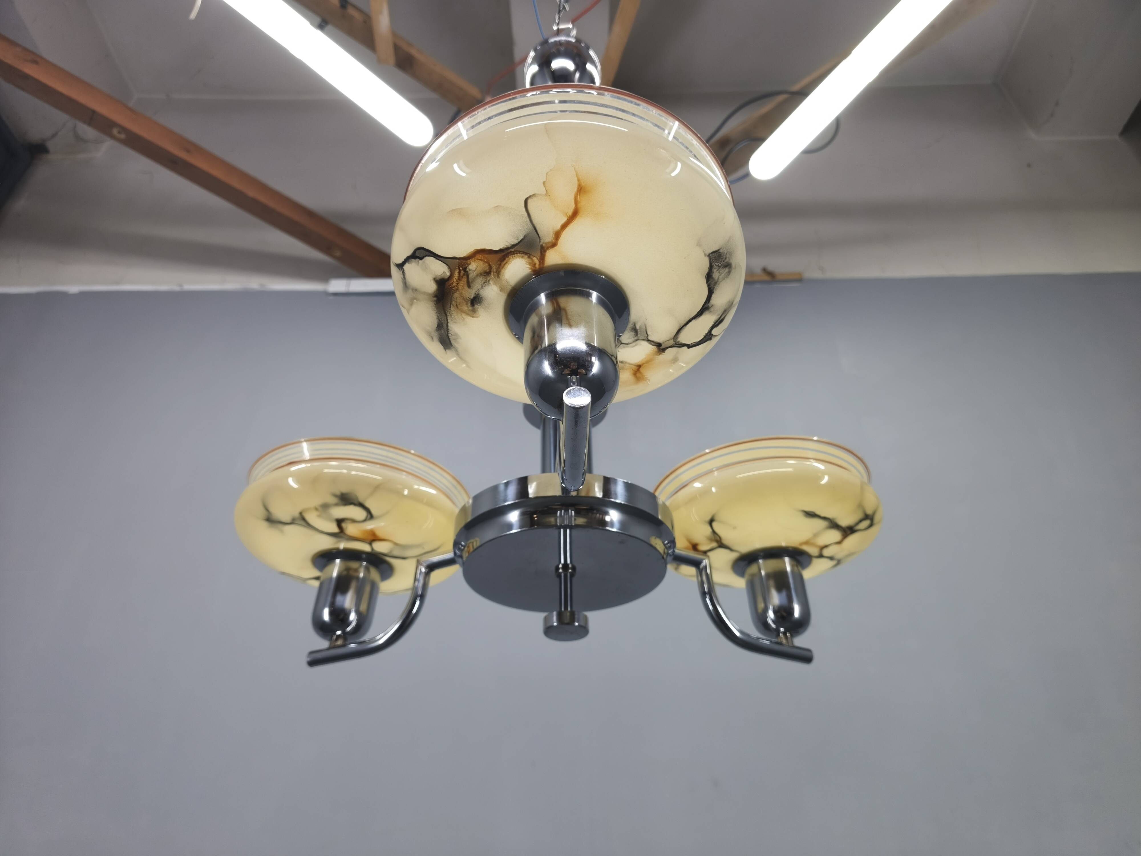 Art Deco Chandelier by Napako, Chrome & Marble Glass, 1930s