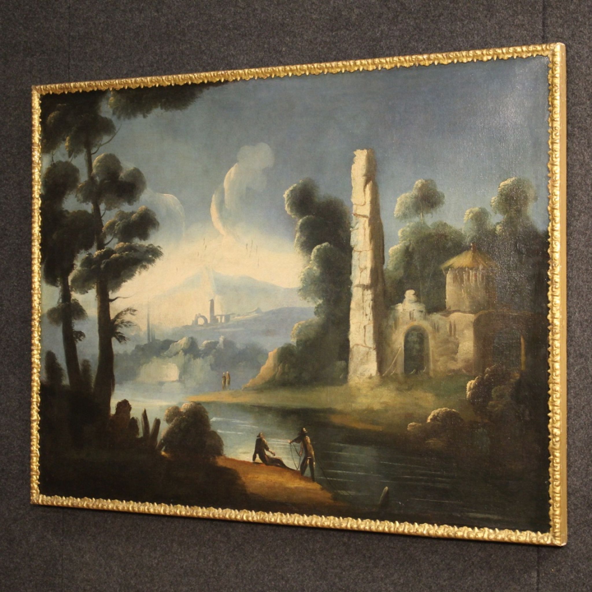 Antique painting river landscape with ruins and fishermen from the XVIIIth century