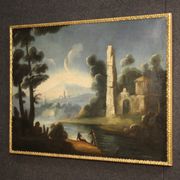 Antique painting river landscape with ruins and fishermen from the XVIIIth century