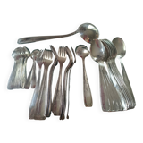 Silver metal cutlery. 12 spoons+12 forks+12 teaspoons+ladle. In box.