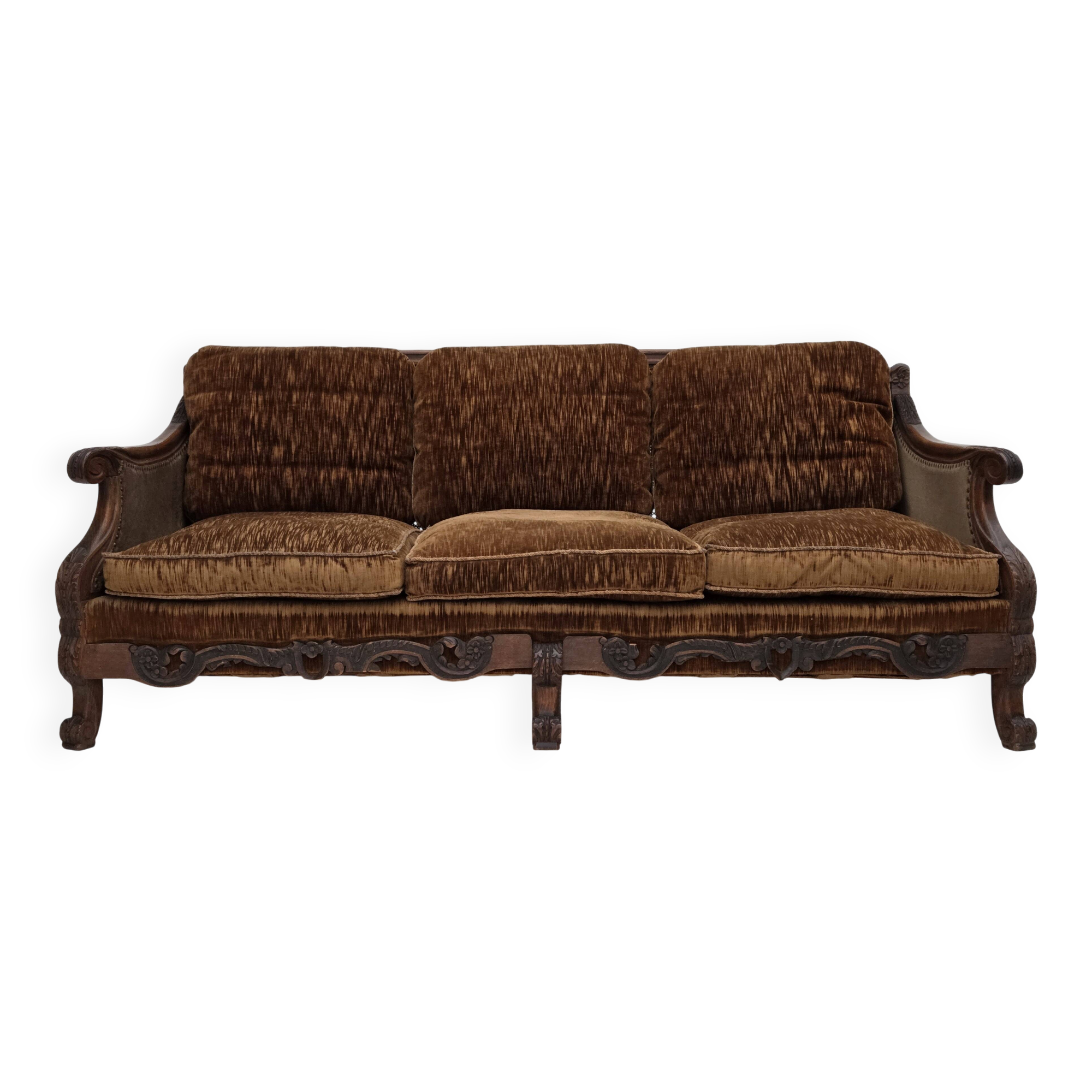 1930-35s, Danish 3-seater sofa, furniture velour, furniture mesh, ash wood.