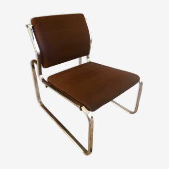 Fauteuil vintage en chrome et tissu marron année 1970