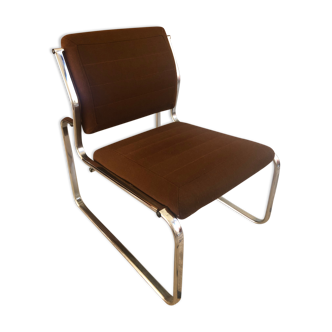 Fauteuil vintage en chrome et tissu marron année 1970