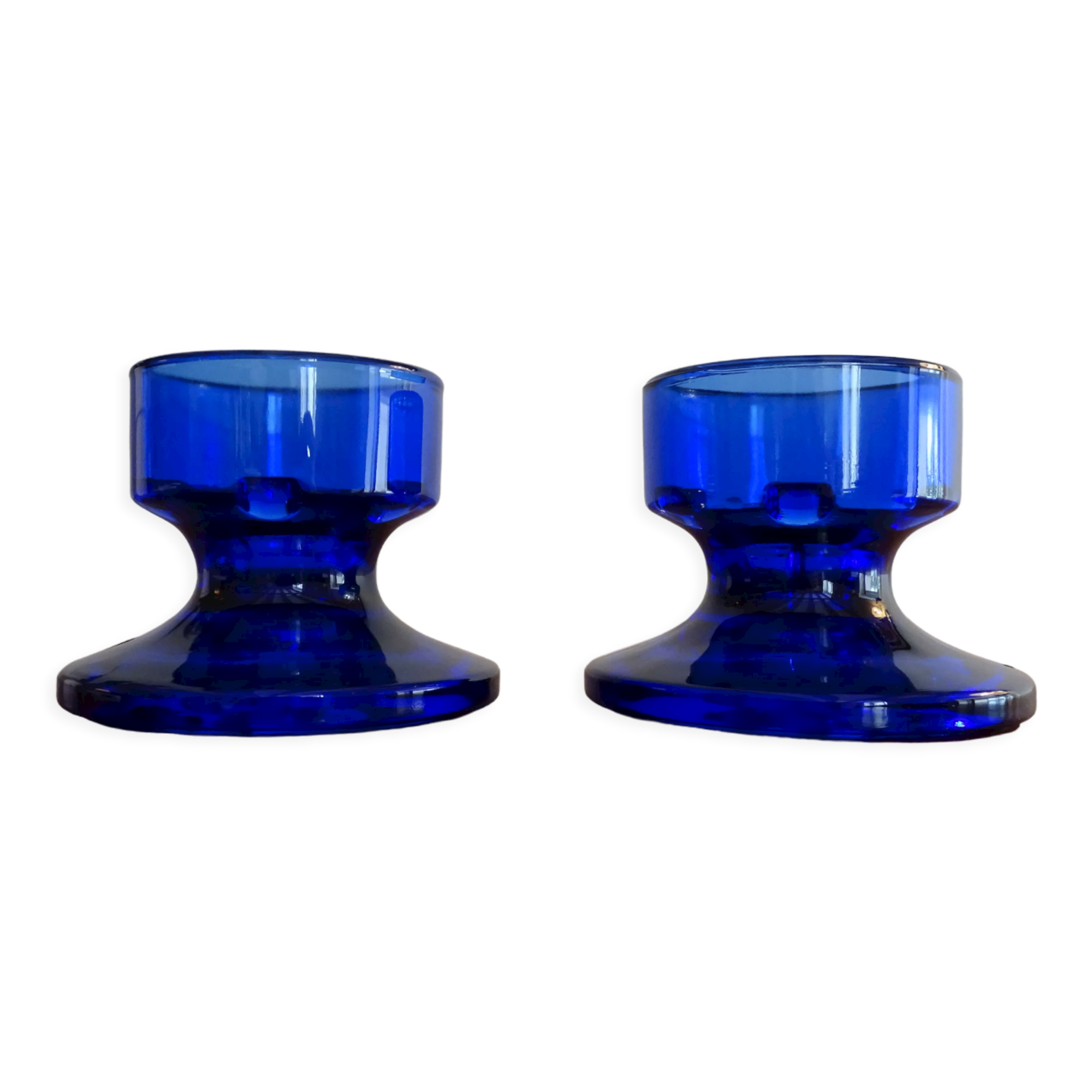 Pair of cobalt blue molded glass candle holders