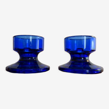 Pair of cobalt blue molded glass candle holders