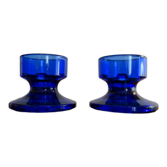 Pair of cobalt blue molded glass candle holders