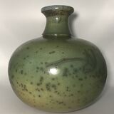 Contemporary vase ball shape raku shades of green and yellow