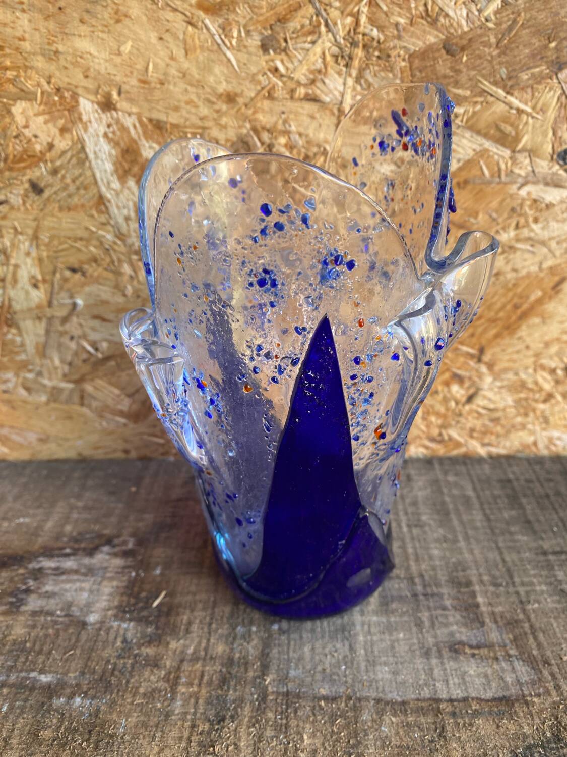 Vintage Blue & Transparent Layered Glass Inlaid Design Vase