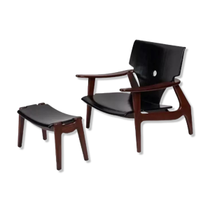 Fauteuil et repose pied bois noirci
