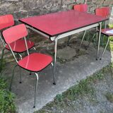 Red Formica table, 4 matching Formica chairs, vintage, 60s.
