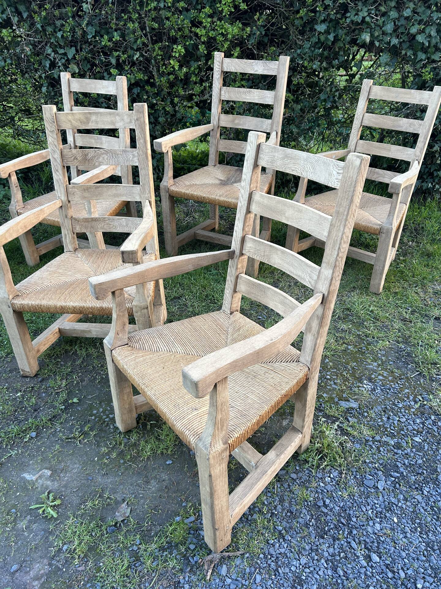 6 solid oak chairs - straw seats