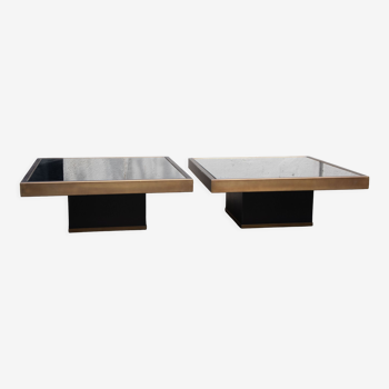 Pair of coffee tables brass black glass