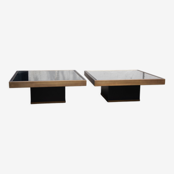 Paire de tables basses laiton verre noir