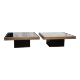 Pair of coffee tables brass black glass