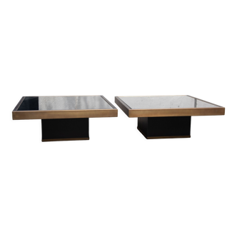 Pair of coffee tables brass black glass