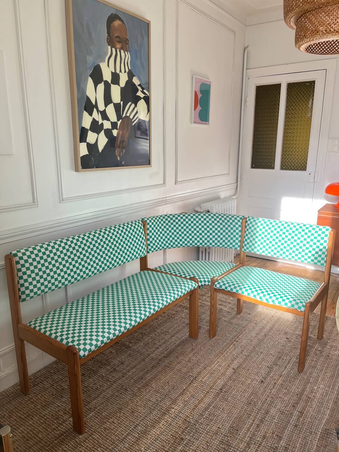 Vintage pine corner bench dining area