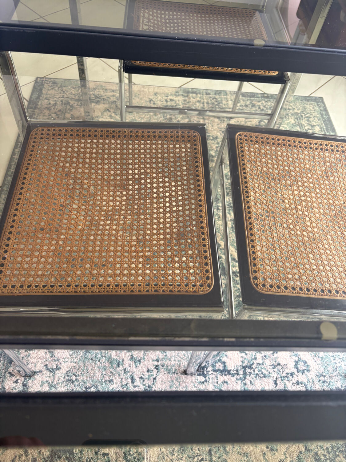 Vintage dining set – smoked glass & chrome – 5 chairs – year