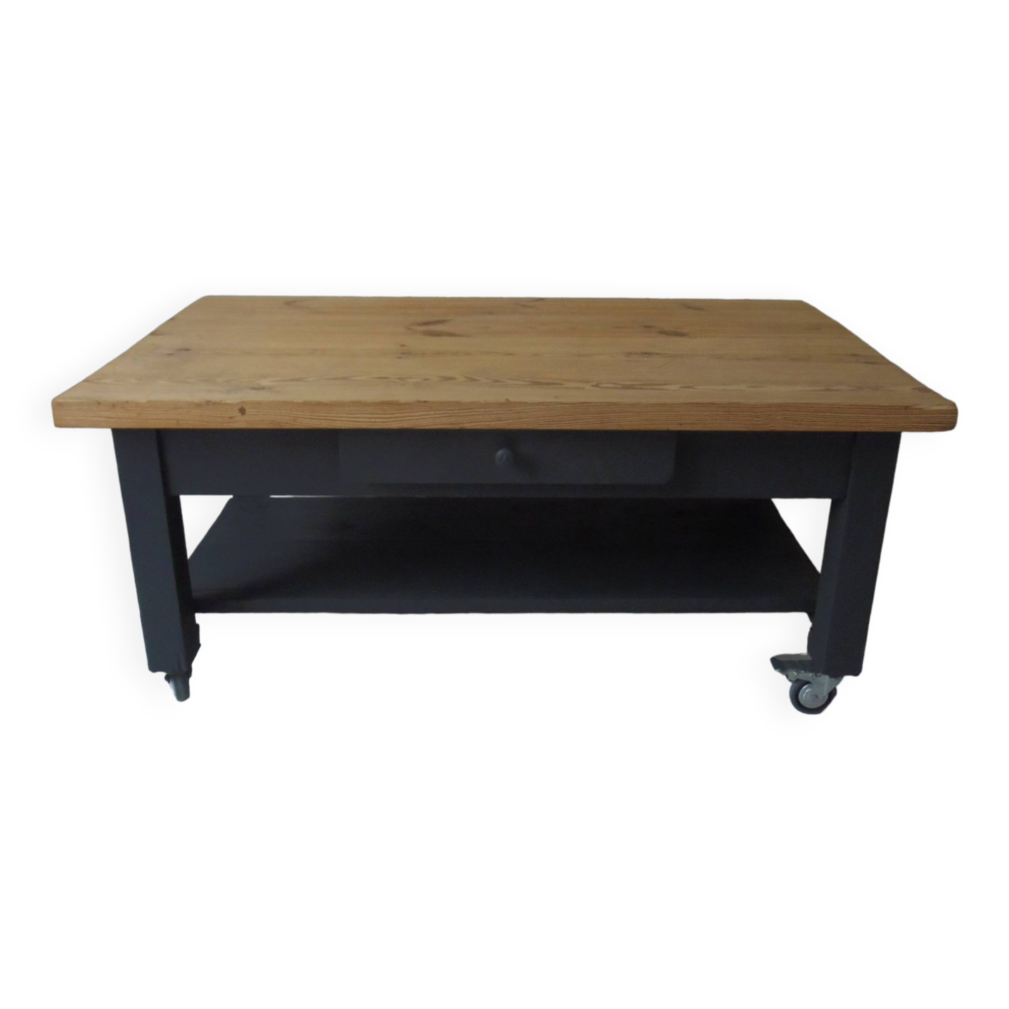 Coffee table on casters made from a vintage table, 1 drawer, 1 slate gray shelf.