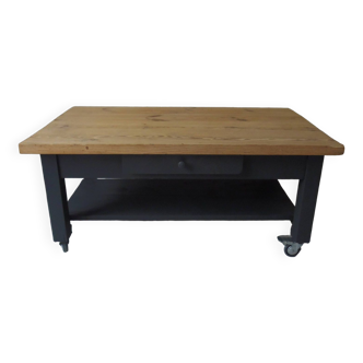 Coffee table on casters made from a vintage table, 1 drawer, 1 slate gray shelf.