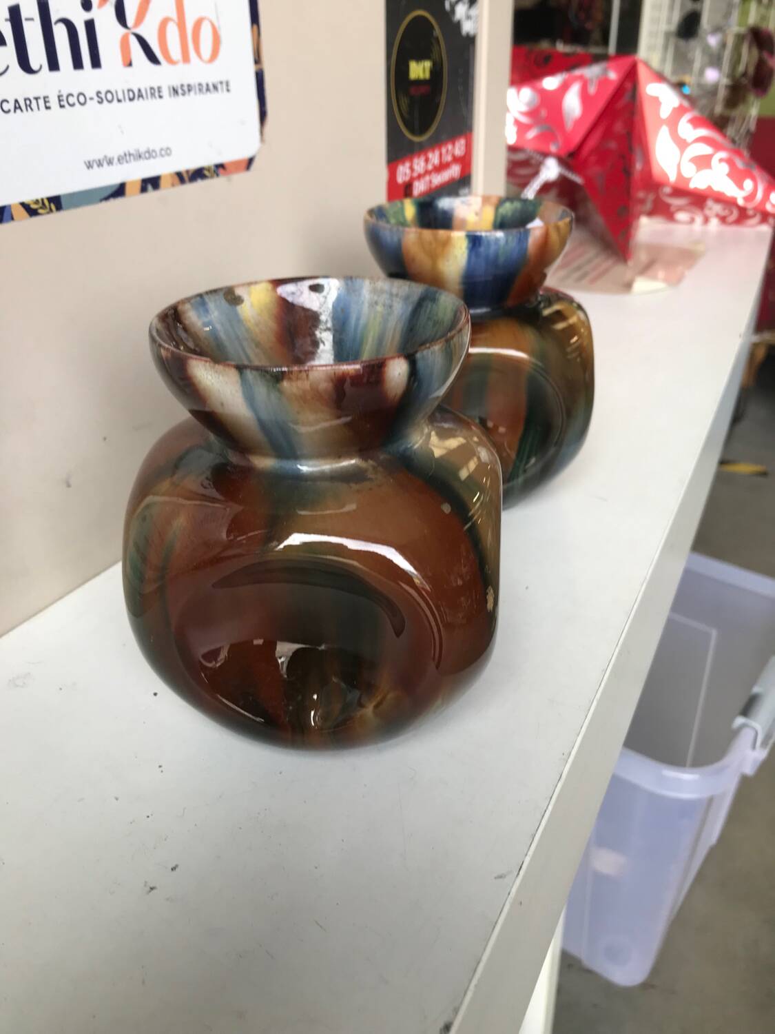 Paire de petits vases grès émaillé multicolore