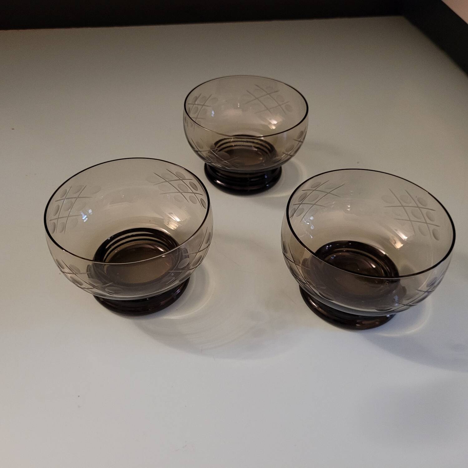 3 etched smoked glass bowls – Art Deco style – France, 1950s