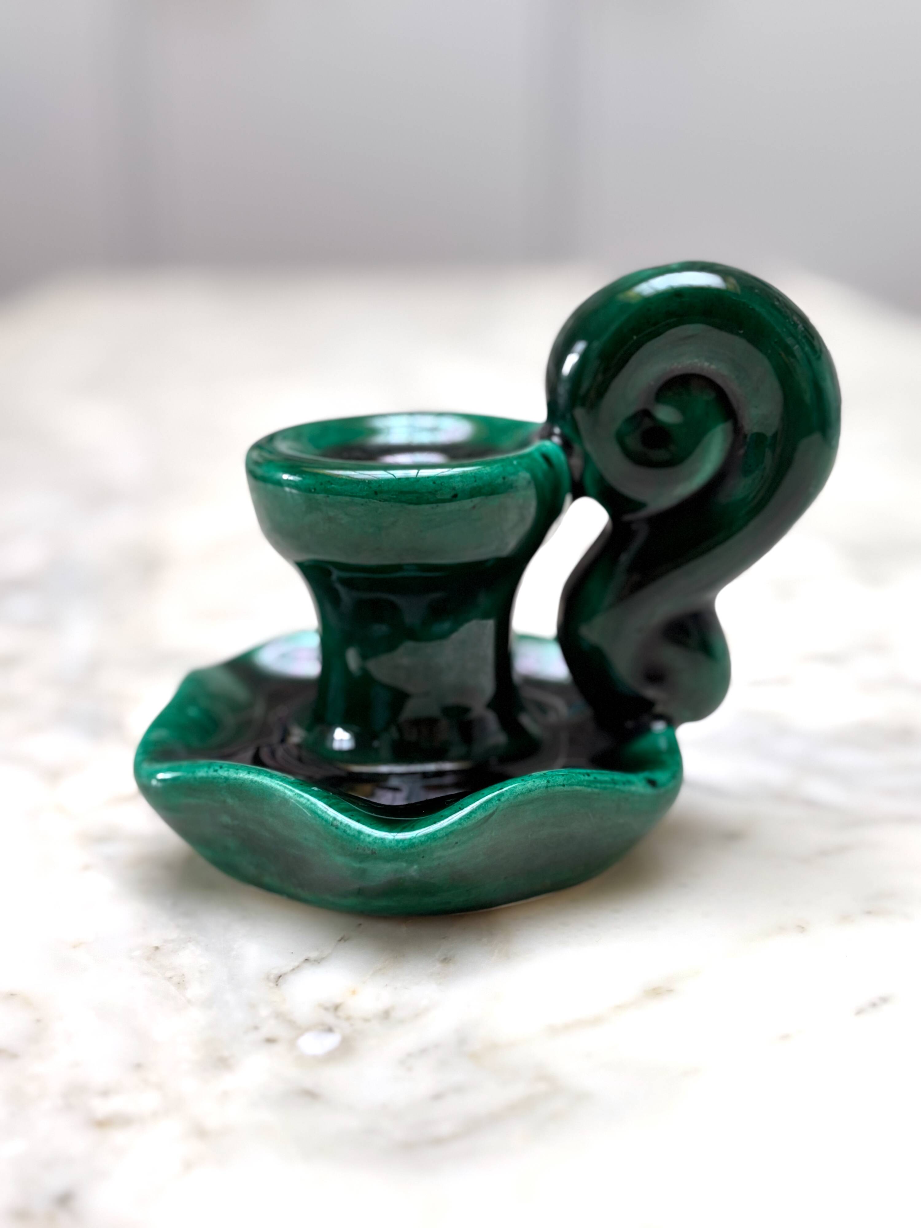 Beautiful vintage candle holder in green slip – glazed ceramic