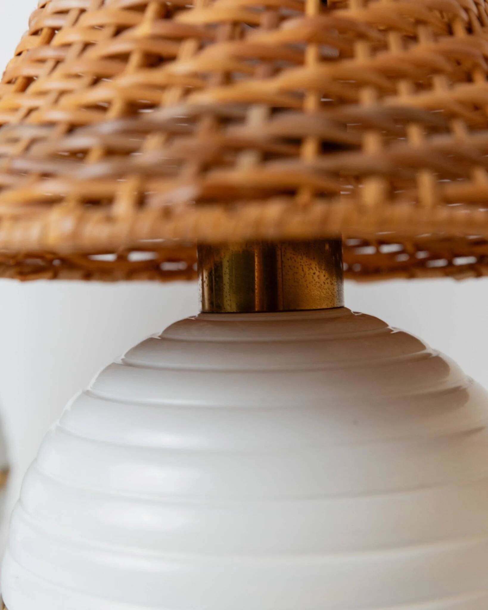 Pair of vintage table lamps – white metal with rattan shades, gold details, Italy 1980s