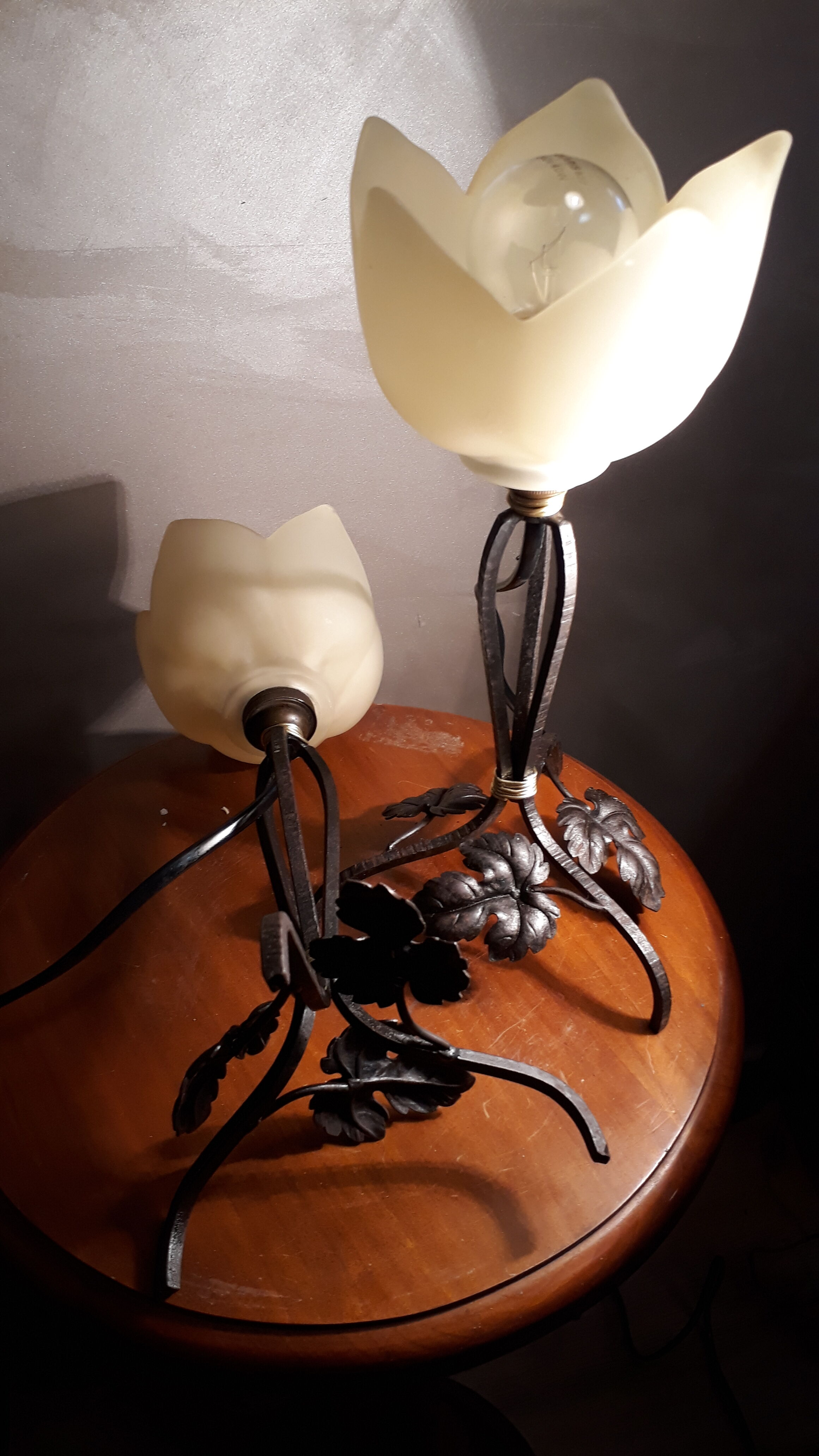 Duo de lampes fer forge et tulipe 1920/30