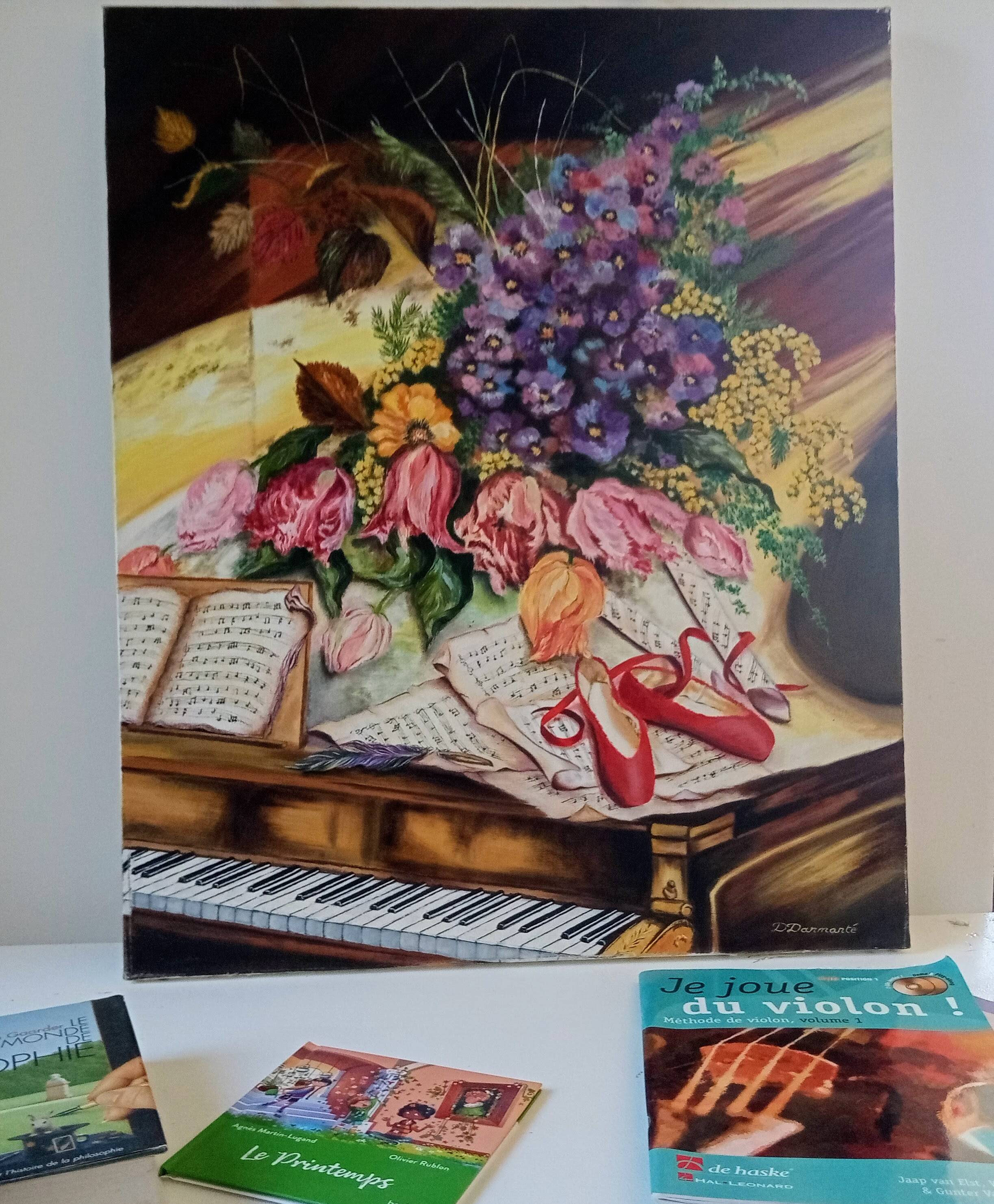 Vintage oil painting on canvas signed Darmanté – Still life with piano and flowers.