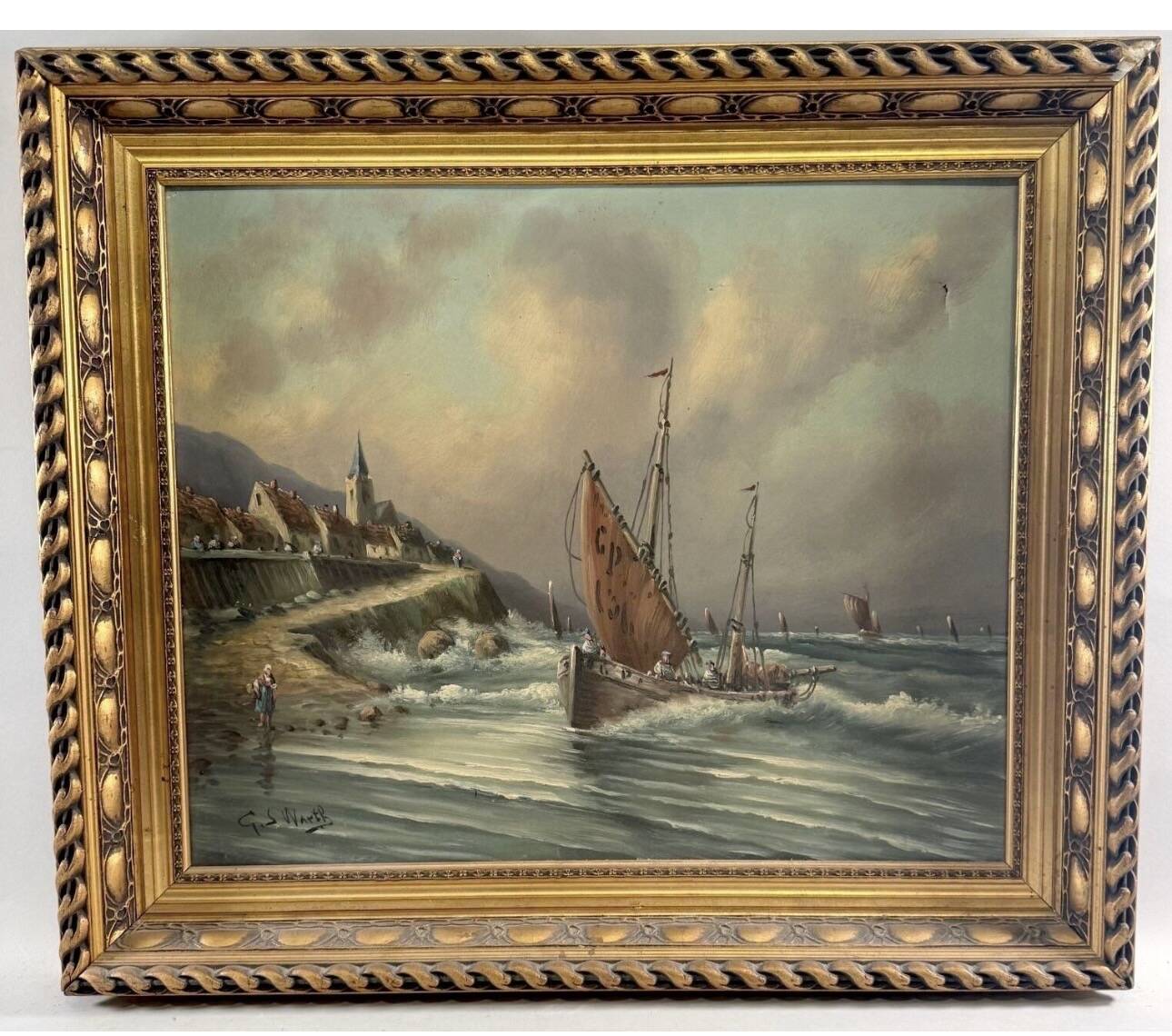 Oil on canvas marine signed G.S. Warth – Coastal village and sailing boats