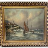 Oil on canvas marine signed G.S. Warth – Coastal village and sailing boats