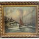 Oil on canvas marine signed G.S. Warth – Coastal village and sailing boats